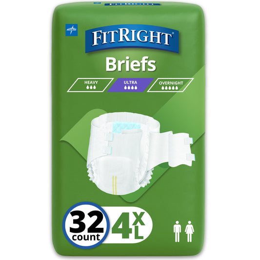 Medline FitRight empaque frontal muestra talla 4XL y 32 unidades para fácil identificación