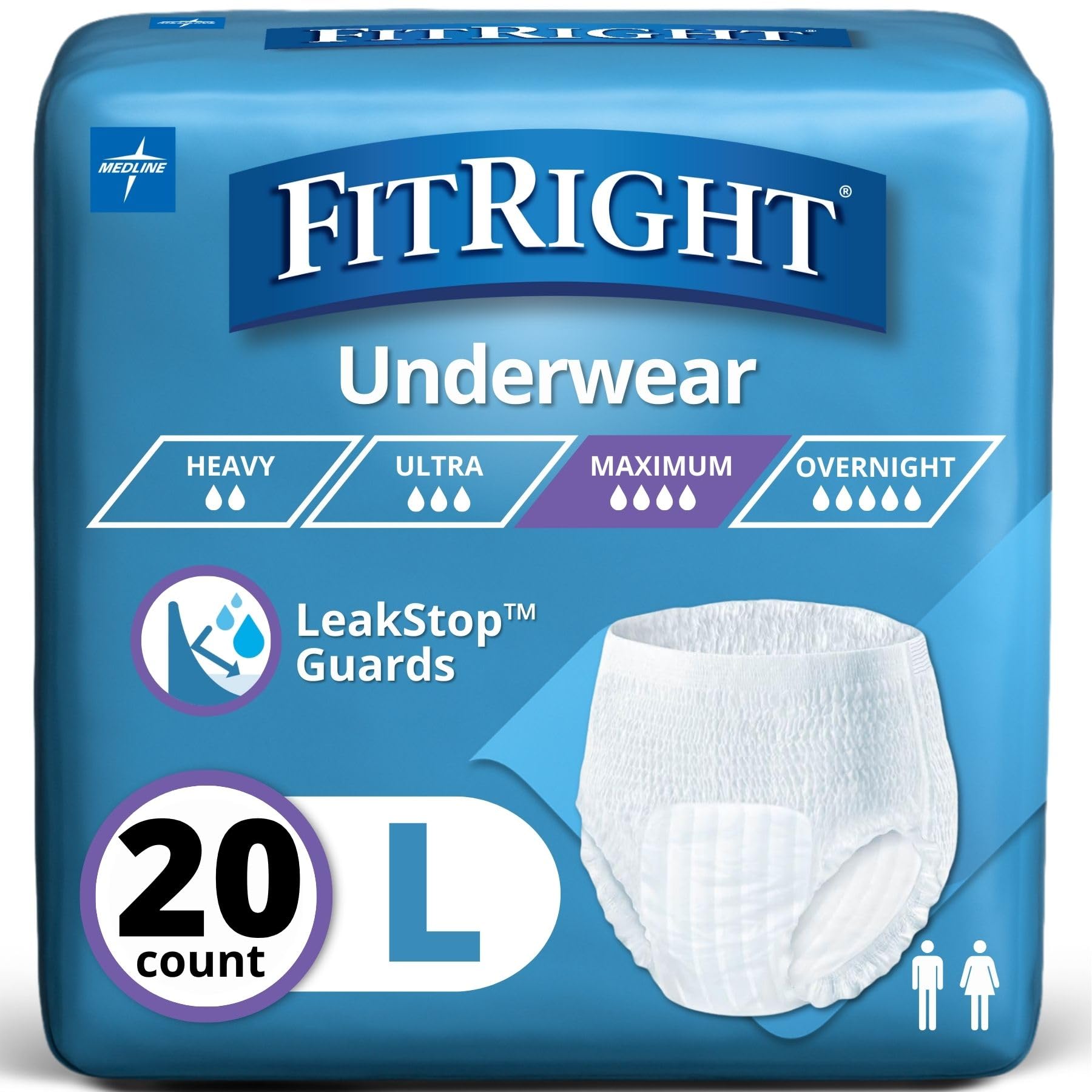 Medline FitRight vista frontal del empaque mostrando 20 unidades y beneficios