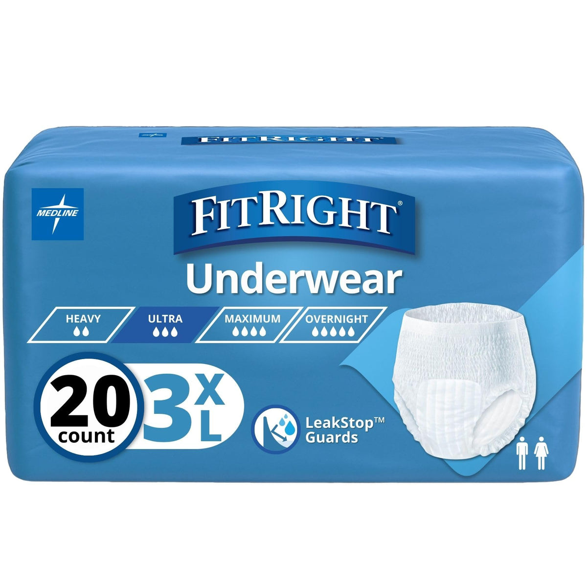 Medline paquete frontal mostrando 20 unidades y talla 3X-Large, protección visible