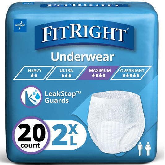 Medline FitRight vista frontal del empaque con 20 unidades y etiqueta visible, comodidad inmediata