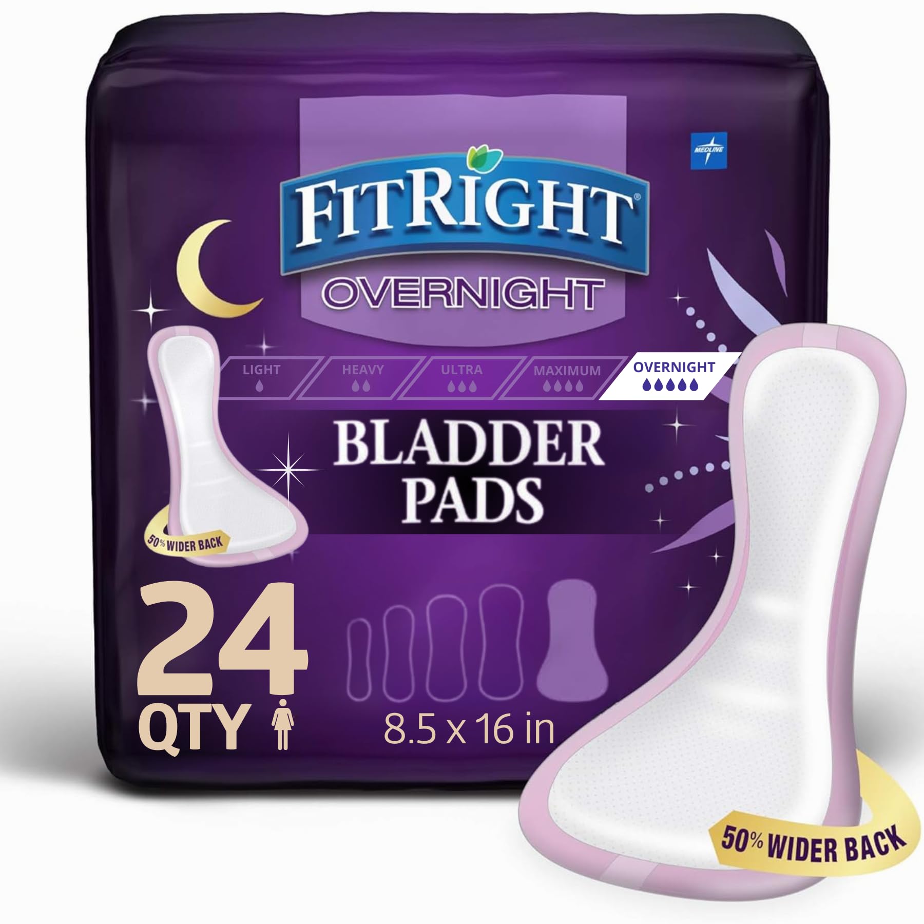 Medline FitRight paquete frontal mostrando diseño y cantidad 24, protección nocturna