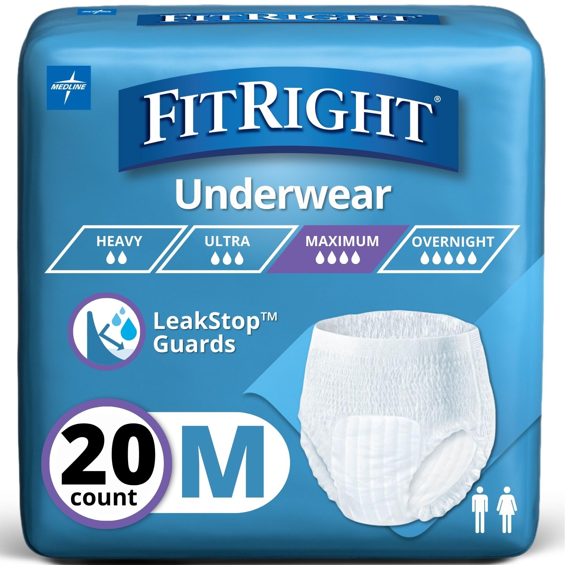 Medline FitRight frontal del empaque mostrando 20 unidades y beneficios
