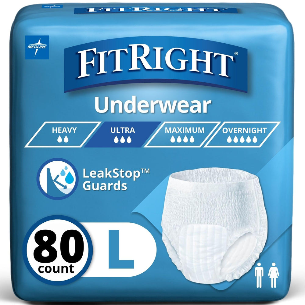 Medline FitRight Ultra frente del empaque mostrando cantidad y talla, tranquiliza al comprador