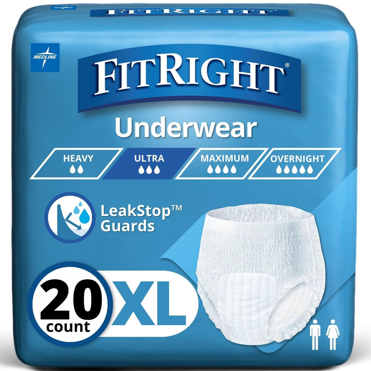 Medline FitRight Ultra frente del empaque mostrando 20 unidades y talla XL para identificación rápida
