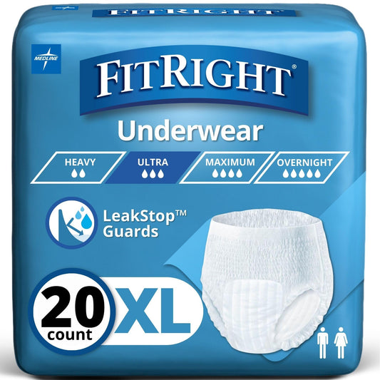 Medline FitRight Ultra frente del empaque mostrando 20 unidades y talla XL para identificación rápida