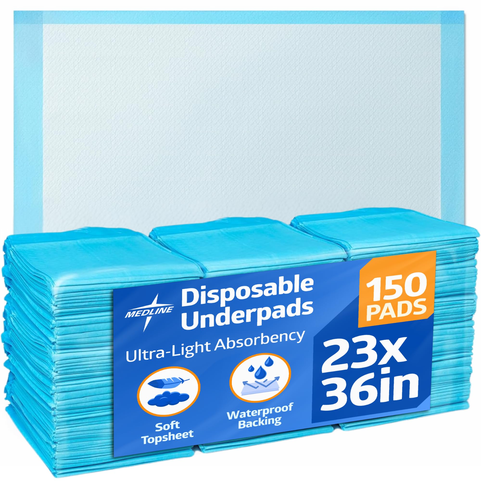 Medline empaque frontal mostrando paquete de 150 unidades y tamaño 23x36