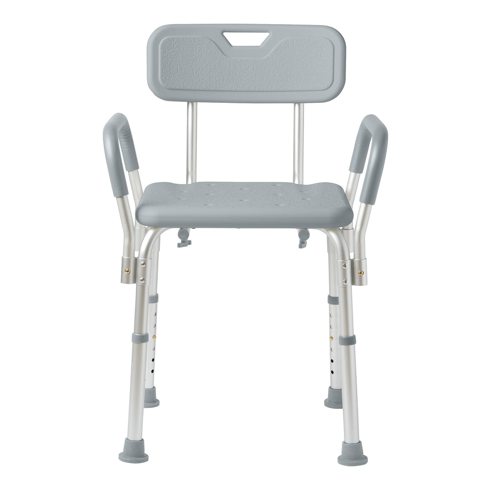 Medline vista frontal de la silla de ducha, estabilidad y confort