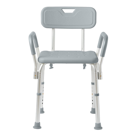 Medline vista frontal de la silla de ducha, estabilidad y confort