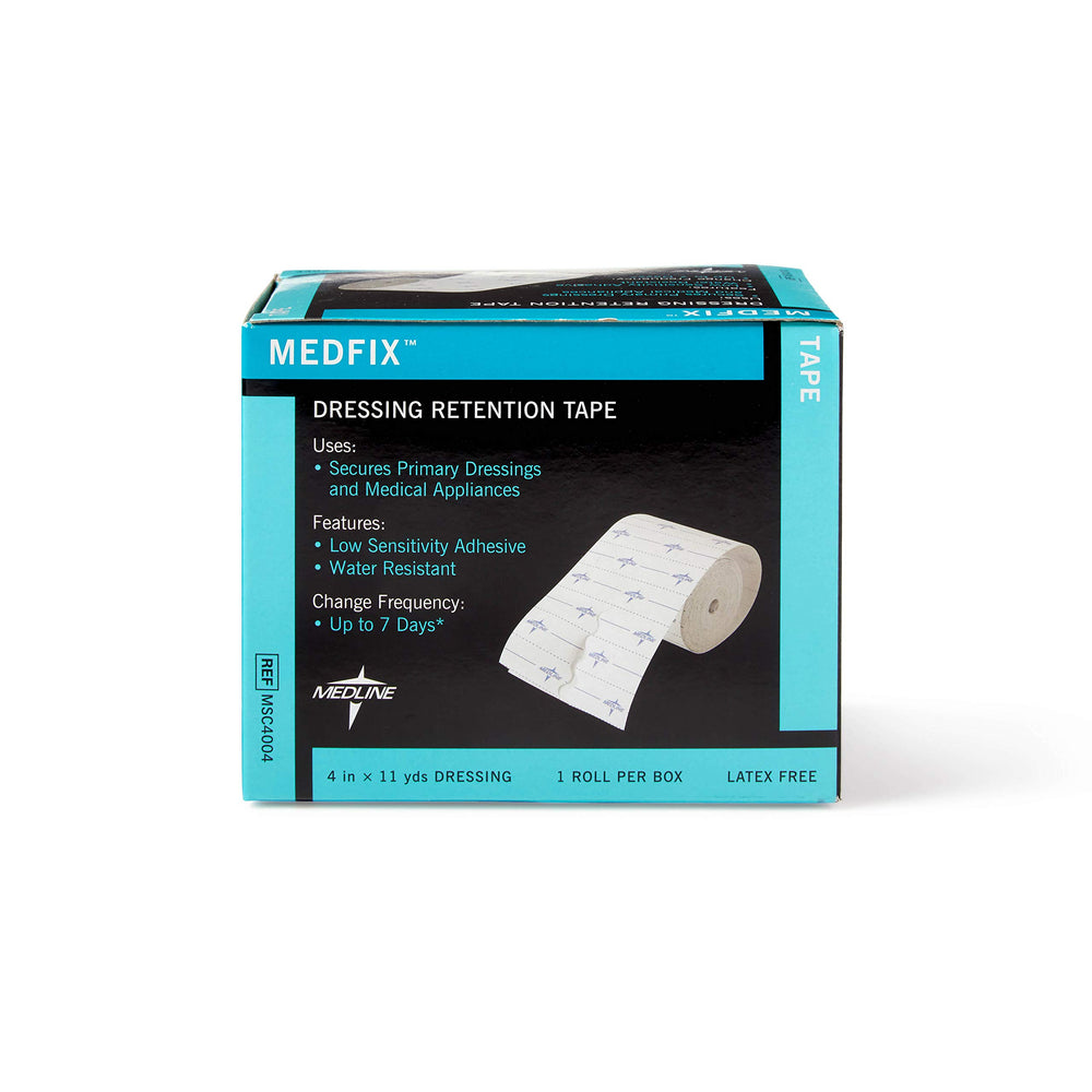 Comparación de tamaño del rollo Medline MedFix con una regla, longitud y cobertura claras