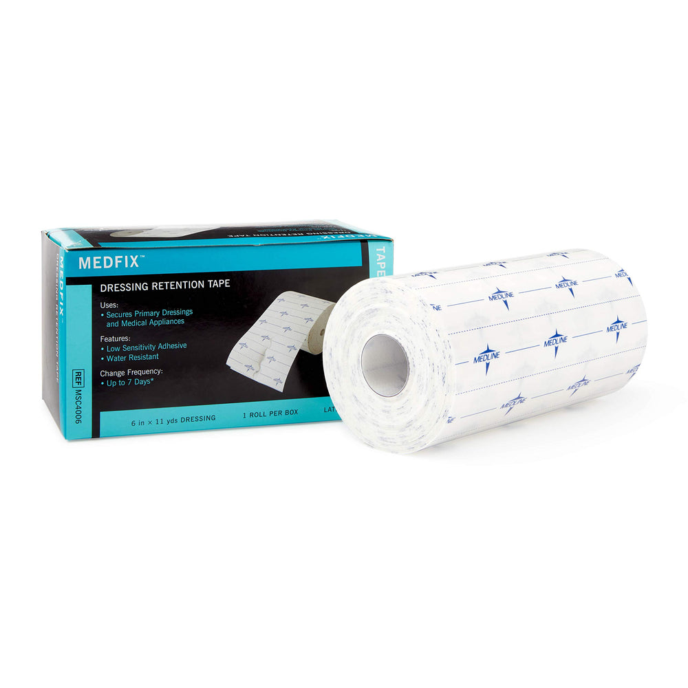 Medline MedFix embalaje frontal mostrando rollo listo para uso y su ventaja de duración