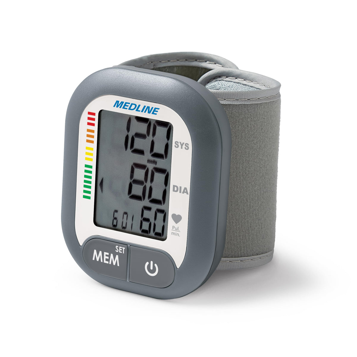 Medline monitor de muñeca frontal mostrando diseño portátil y fácil uso