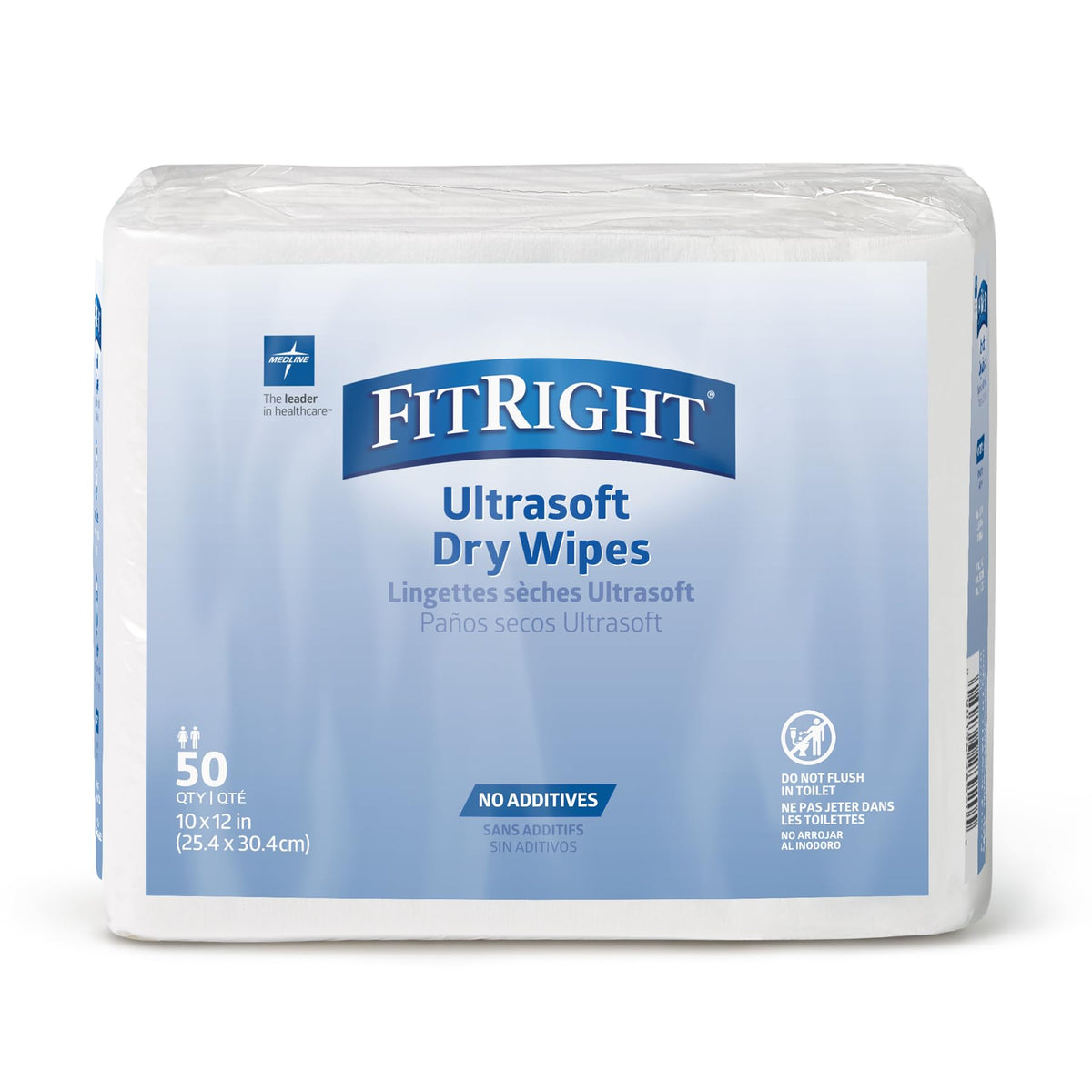 Medline paquete frontal Ultrasoft mostrando formato de 50 toallitas y beneficio práctico
