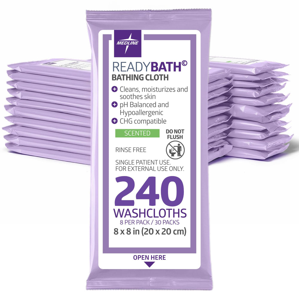 Medline ReadyBath paquete frontal mostrando 8 toallitas y sellado resellable para transporte seguro