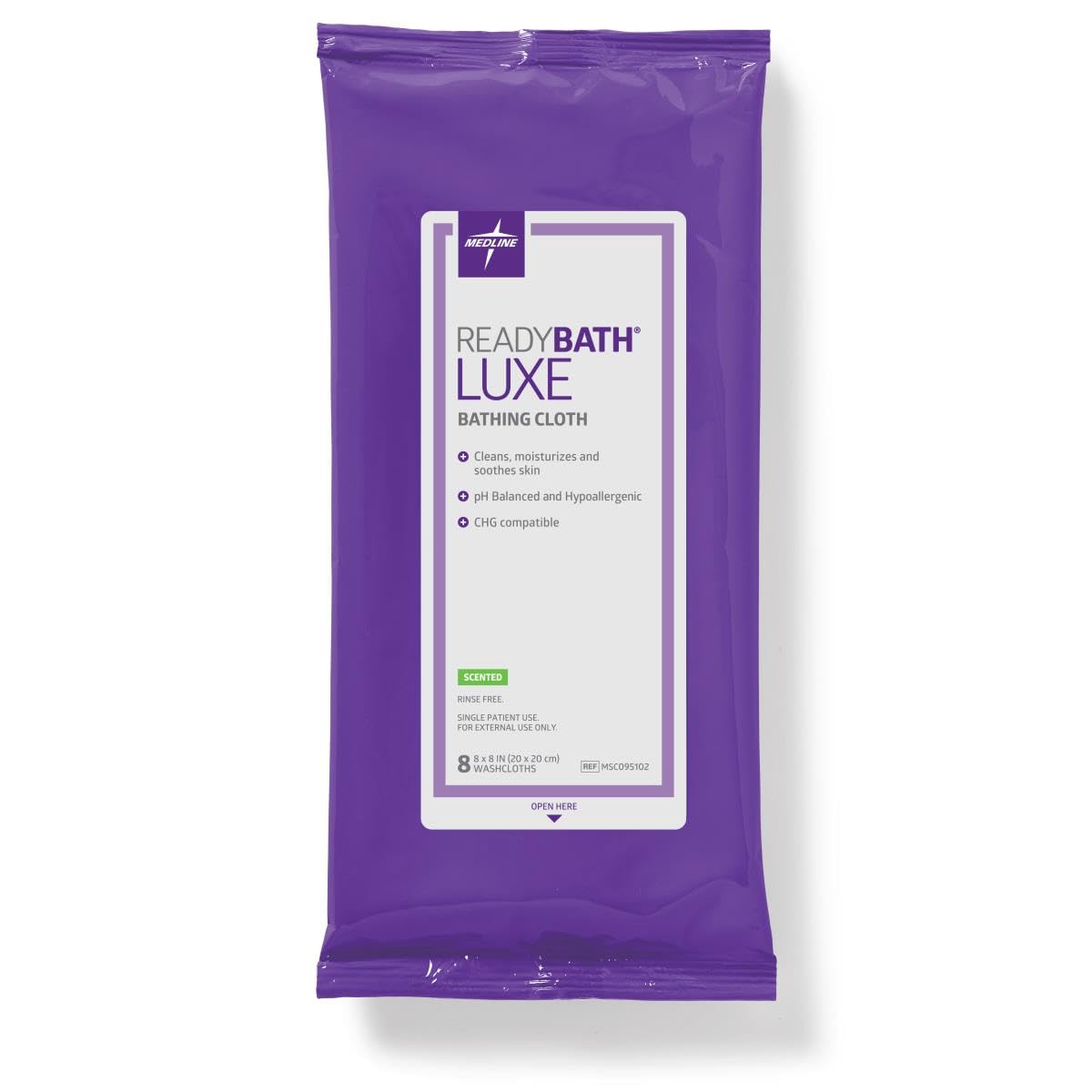 Medline ReadyBath LUXE frente del empaque muestra sello resellable y beneficio higiene
