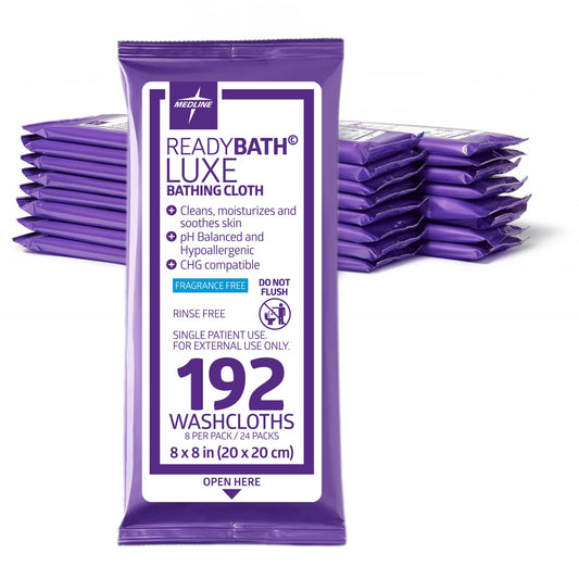 Medline ReadyBath LUXE frente del paquete que muestra 24 packs resellables para limpieza corporal rápida