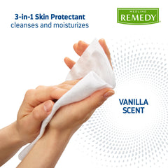 Medline Remedy toallita en uso en periné para una limpieza suave y sin enjuague