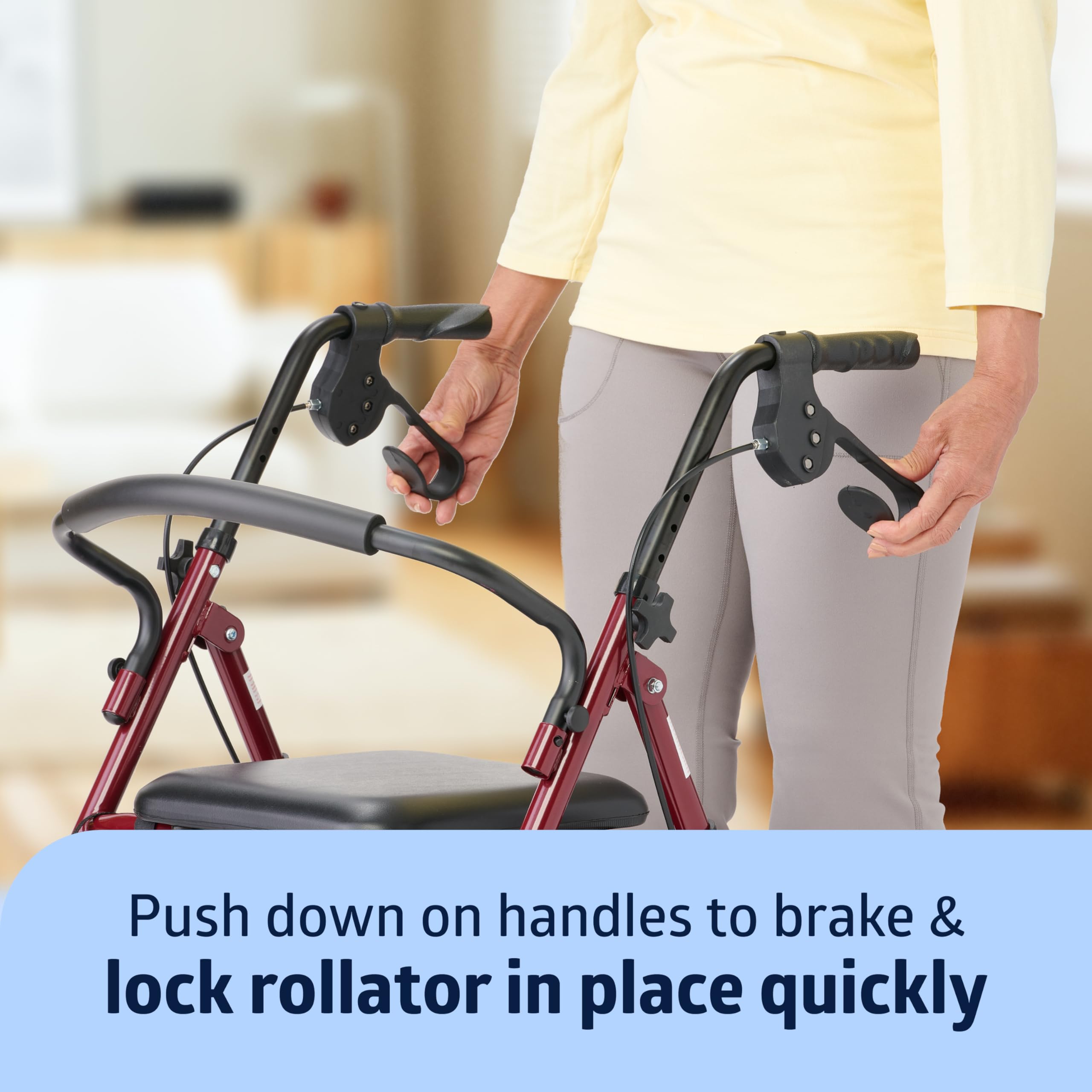 Medline rollator con usuario sentado ilustrando soporte y comodidad
