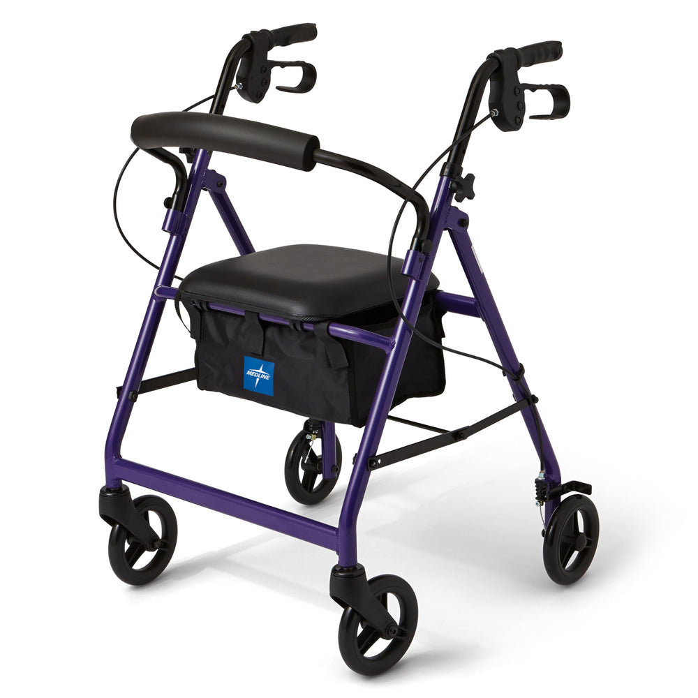 Medline rollator frontal con asiento acolchado mostrando estabilidad