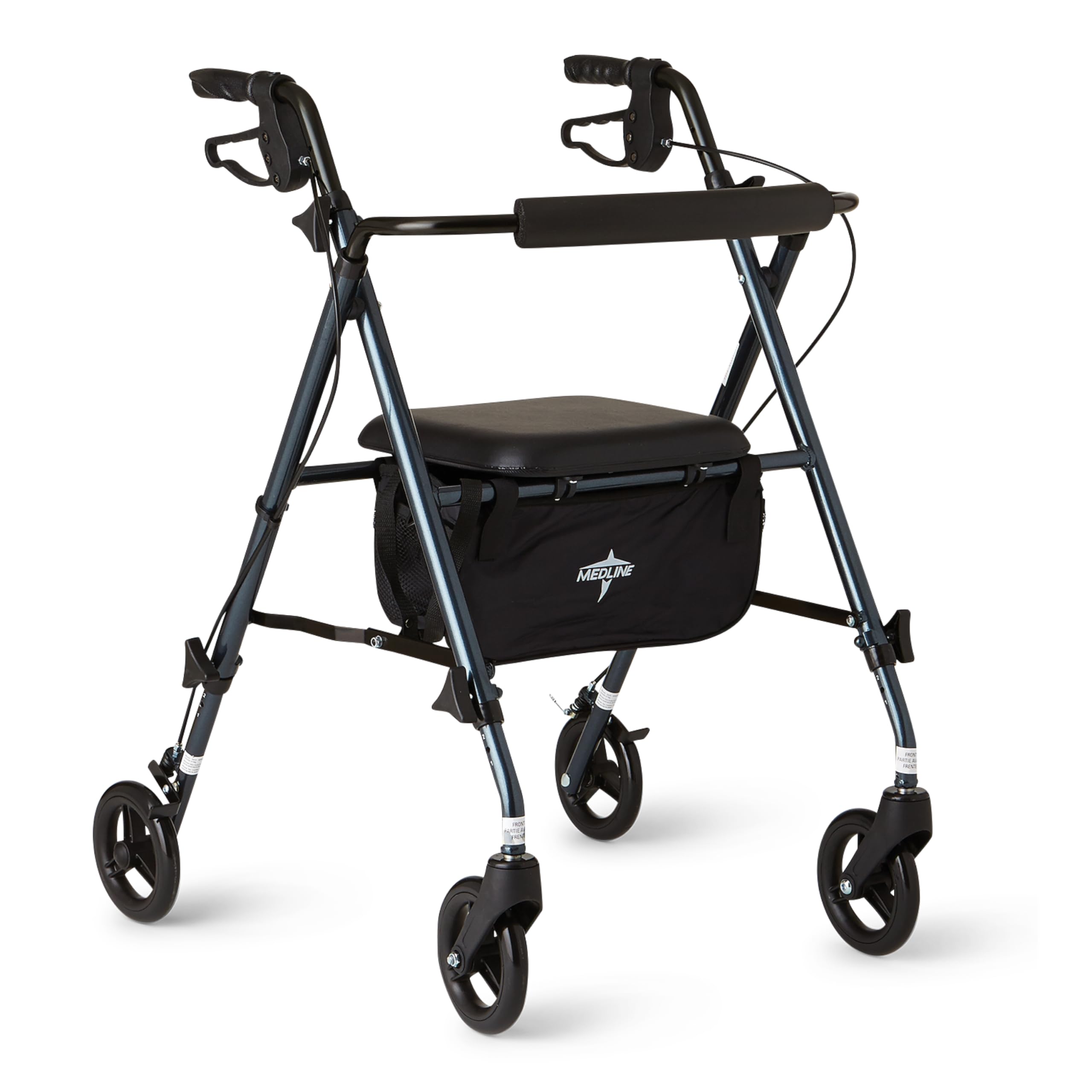 Medline rollator frontal con marco azul y vista completa, estabilidad inmediata