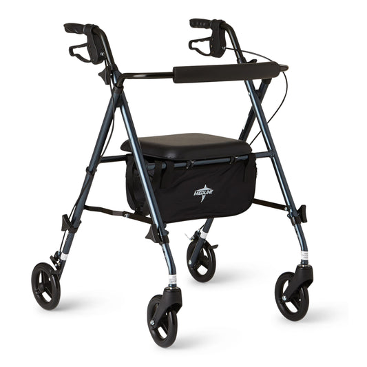 Medline rollator frontal con marco azul y vista completa, estabilidad inmediata