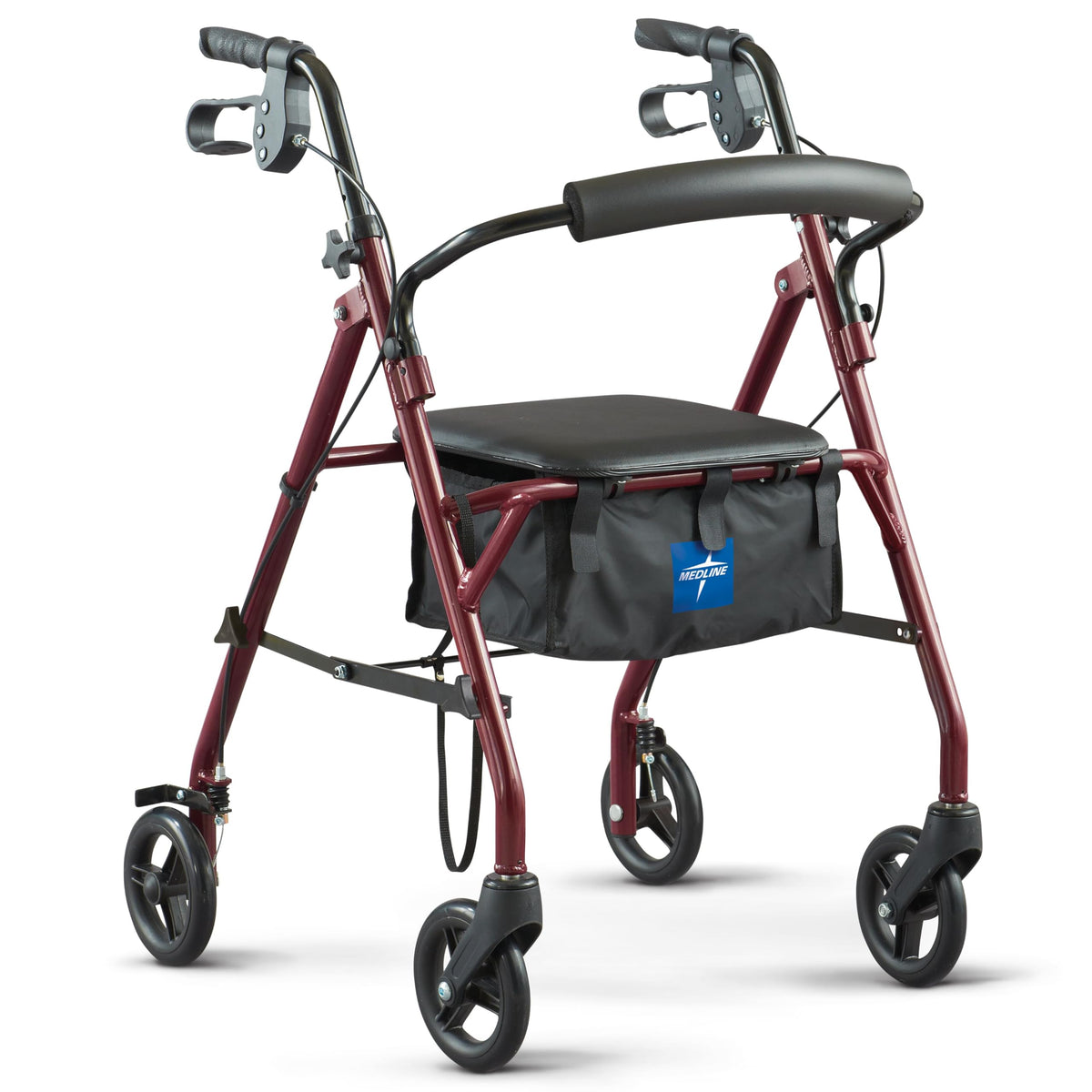 Medline rollator vista frontal en burdeos mostrando estabilidad y diseño fiable