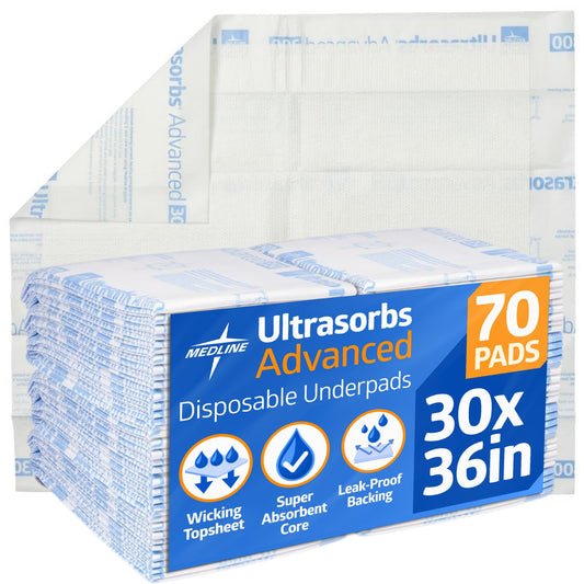 Medline embalaje frontal mostrando 70 almohadillas y beneficios de absorción