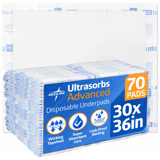 Medline empaque frontal mostrando 70 almohadillas y beneficio de suministro continuo