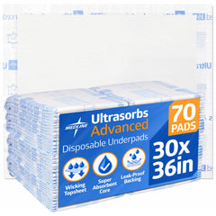 Medline empaque frontal mostrando 70 almohadillas y beneficio de suministro continuo
