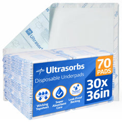 Medline paquete frontal de Ultrasorbs mostrando 70 unidades y protección continua