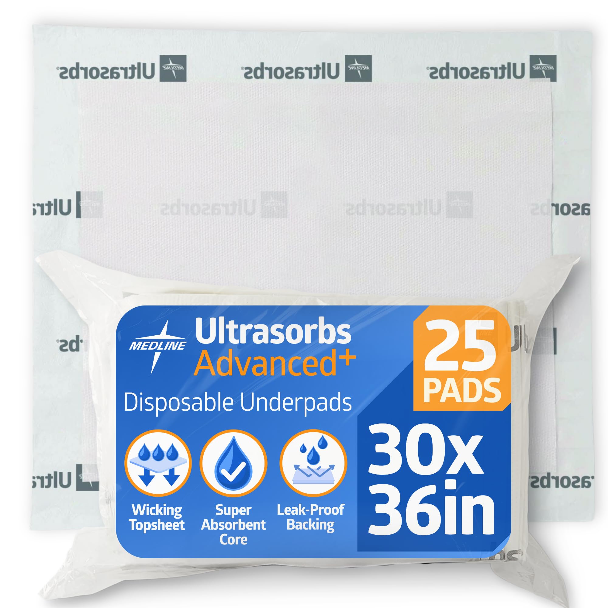Medline pack frontal mostrando 25 empapadores, protección superior