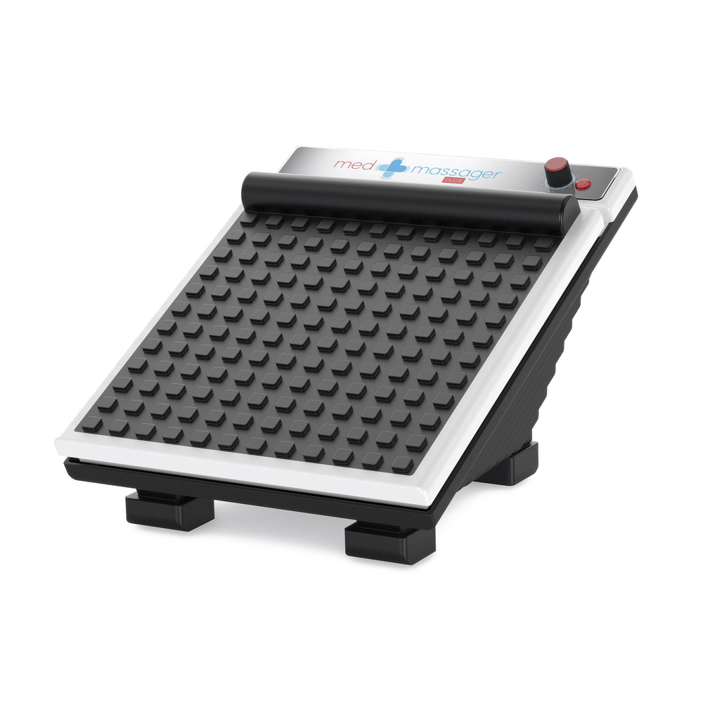 MedMassager vista frontal con controles, facilidad de uso y ajuste de intensidad