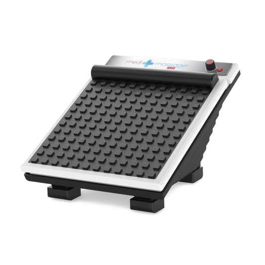 MedMassager vista frontal con controles, facilidad de uso y ajuste de intensidad