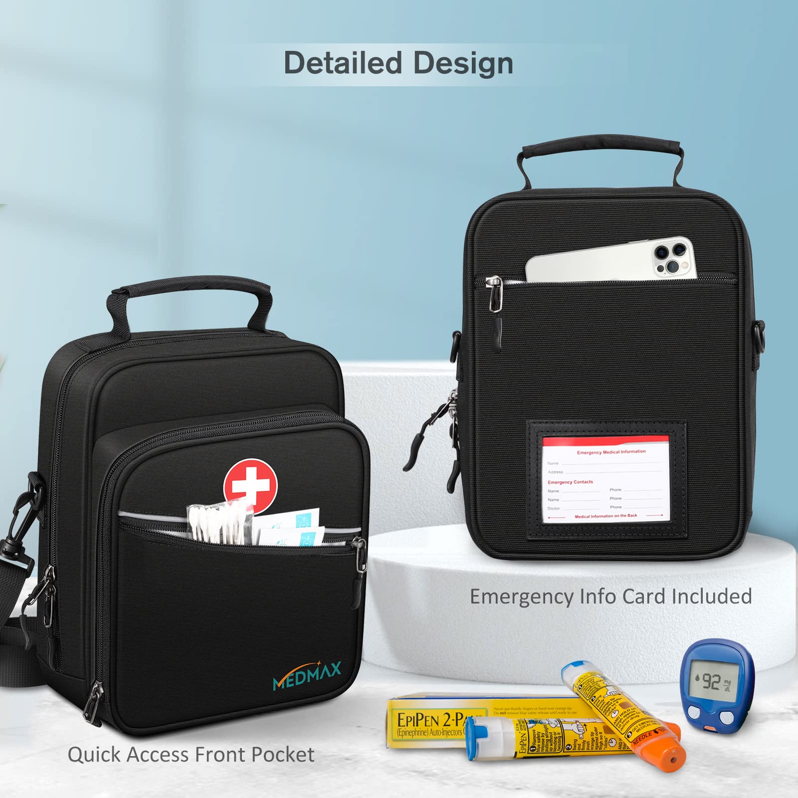 medmax estuche junto a un móvil para comparar tamaño, fácil de llevar en viajes