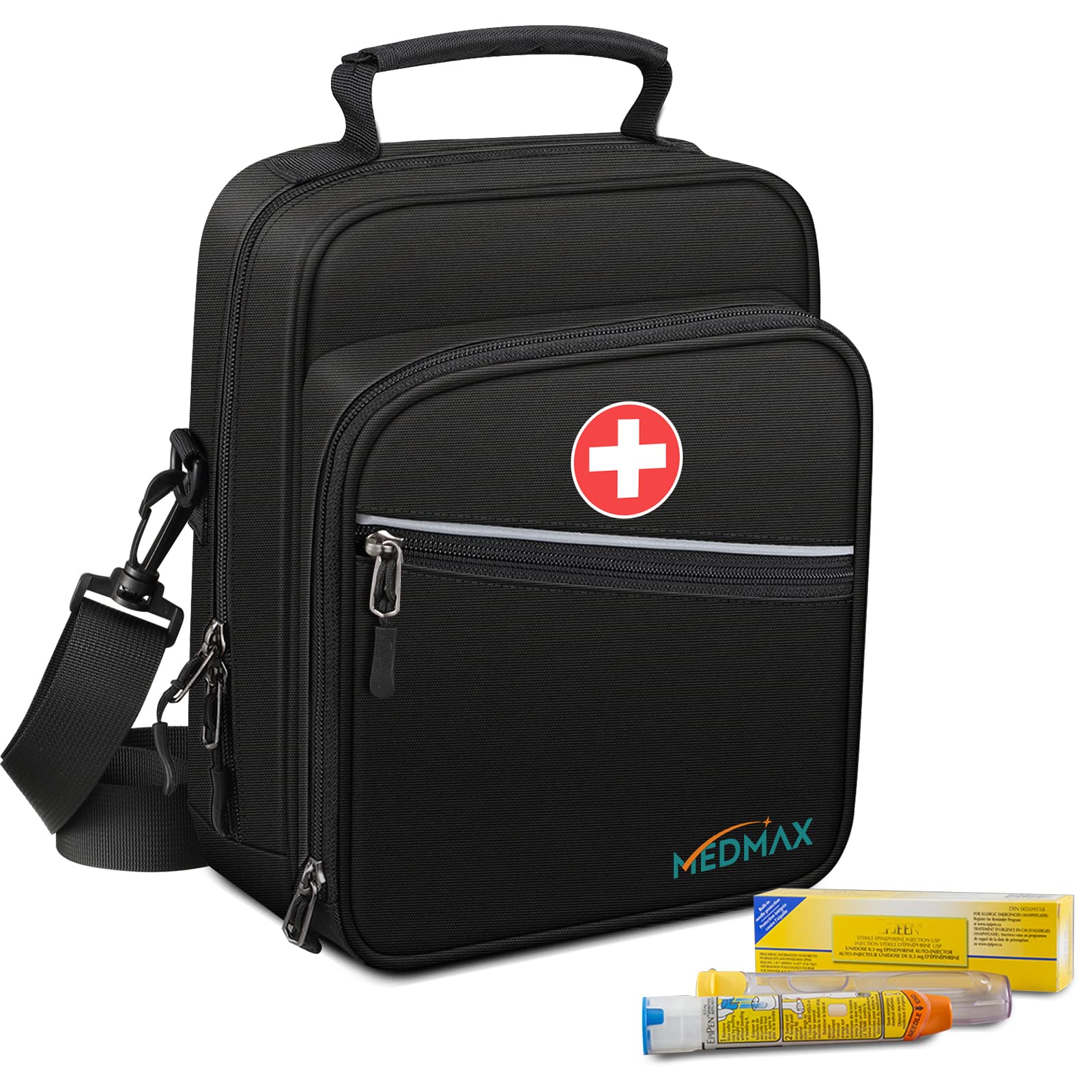 medmax vista frontal del estuche con cierre y tira reflectante, protección y acceso rápido