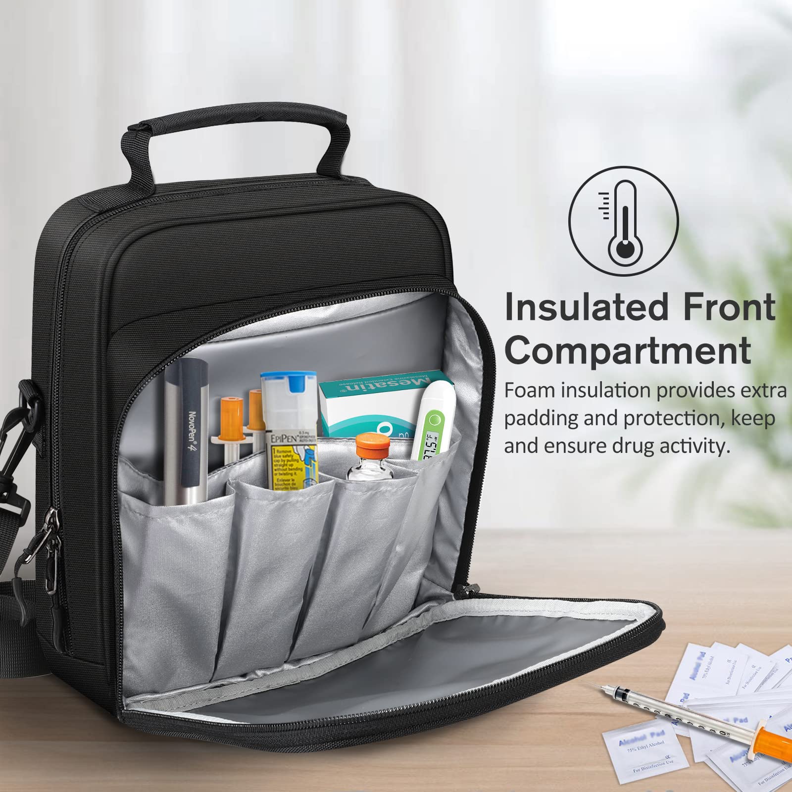medmax interior abierto mostrando bolsillos y compartimentos, organiza insulina y accesorios