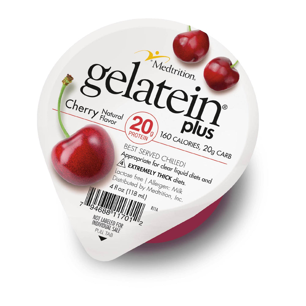 Medtrition Gelatein Plus Cherry vista frontal con empaque claro y aporte proteico