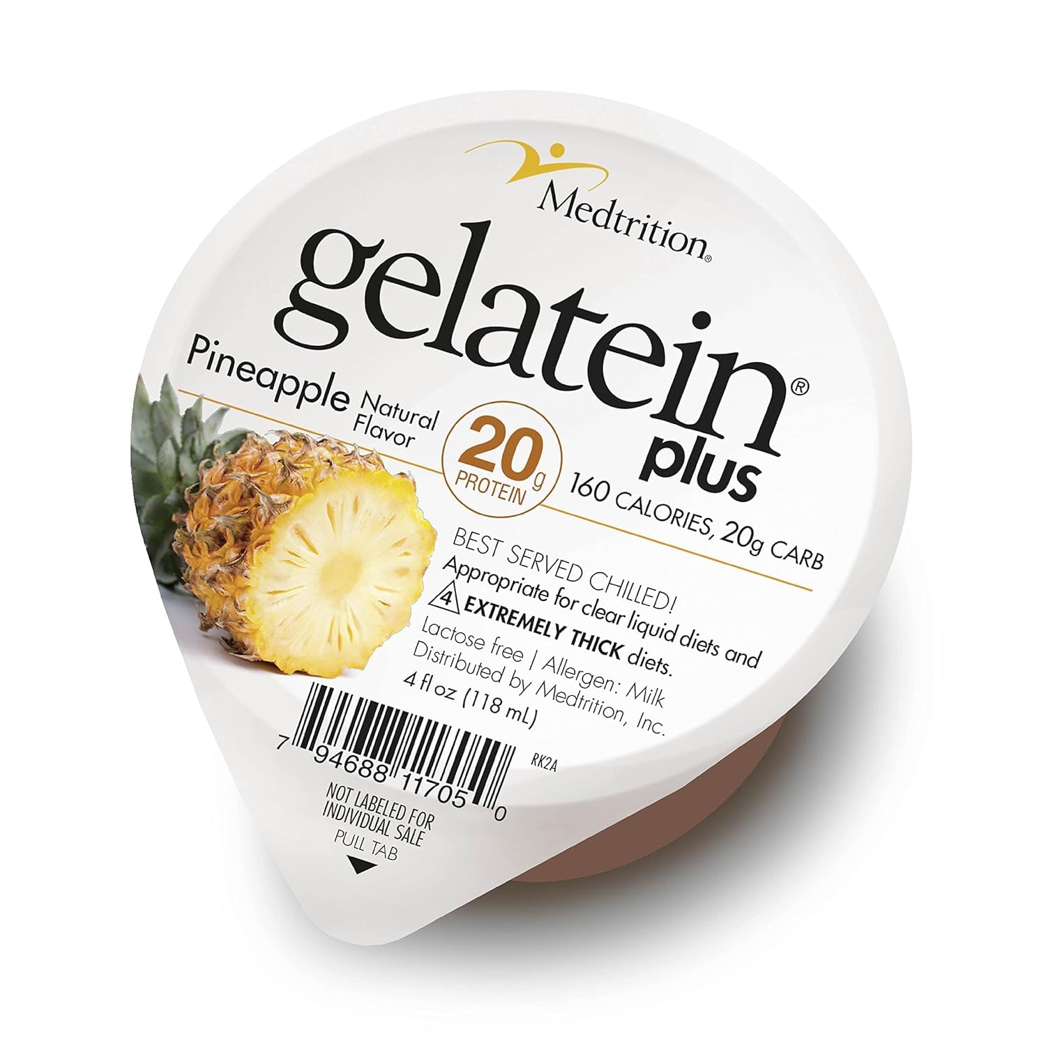 Medtrition ProSource Gelatein Plus Piña vista frontal y etiqueta clara, fácil identificación