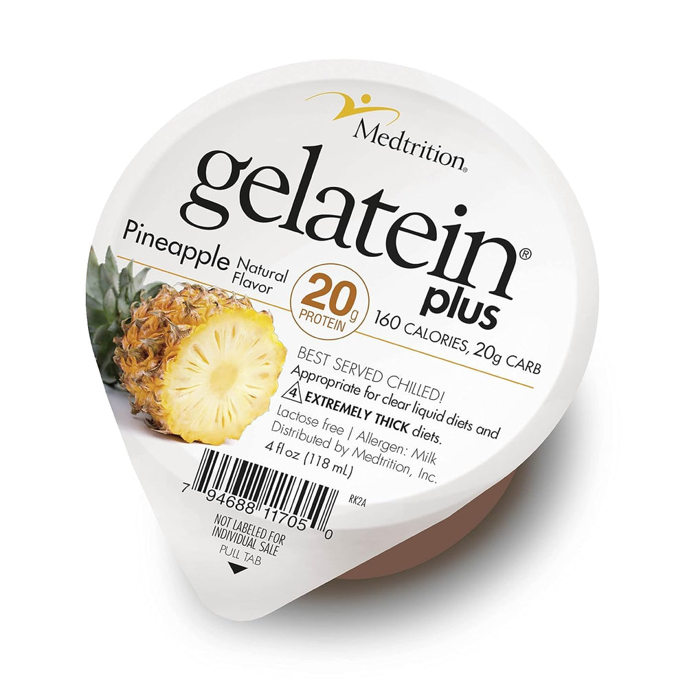 Medtrition ProSource Gelatein Plus Piña vista frontal y etiqueta clara, fácil identificación