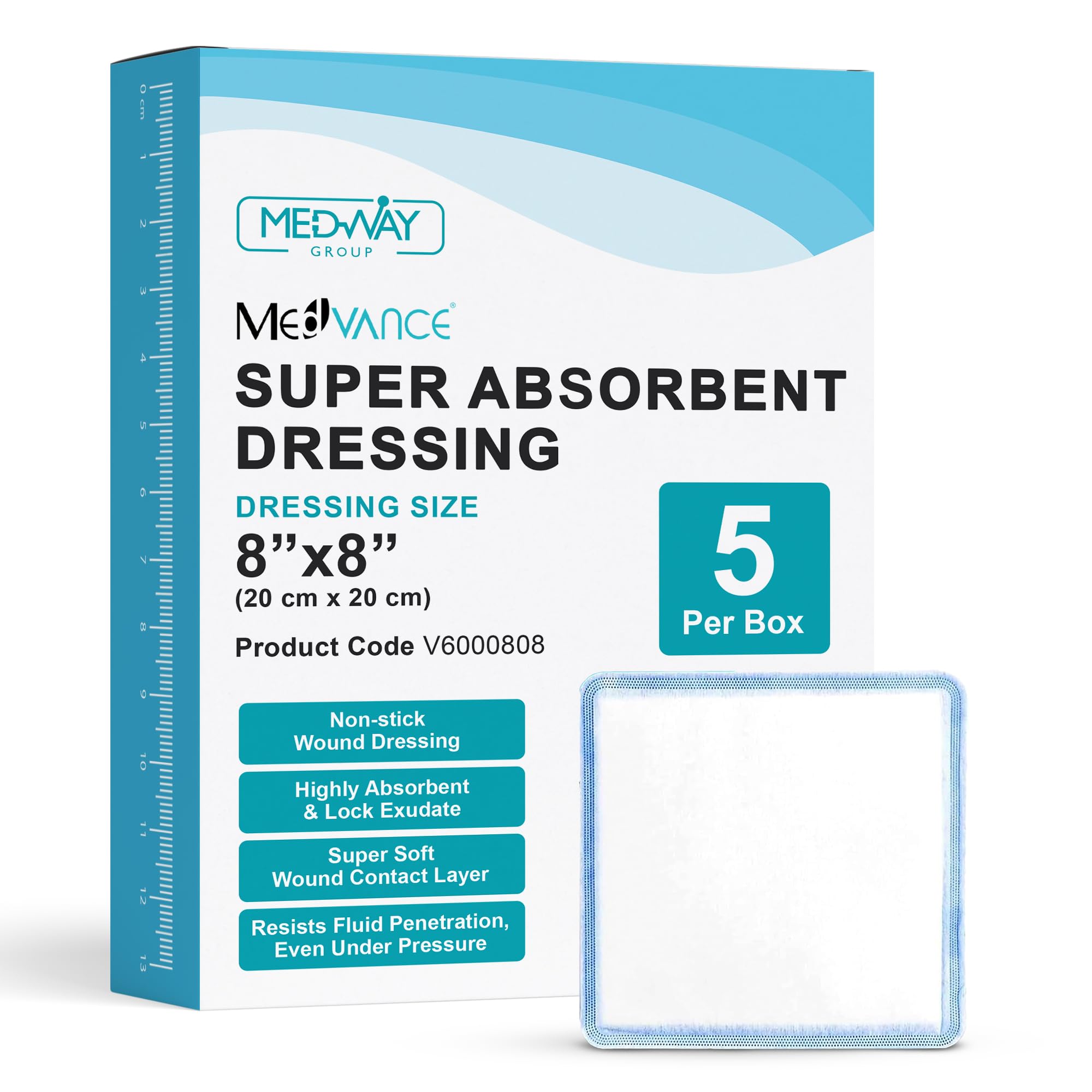 MedVance empaquetado frontal mostrando caja de 5 trasparencia y tamaño 8x8 beneficio control de exudado