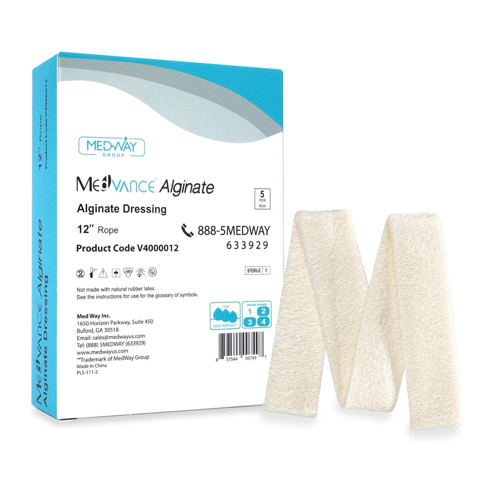 MedVance empaque frontal de cuerda 12" mostrando caja de 5, conveniencia