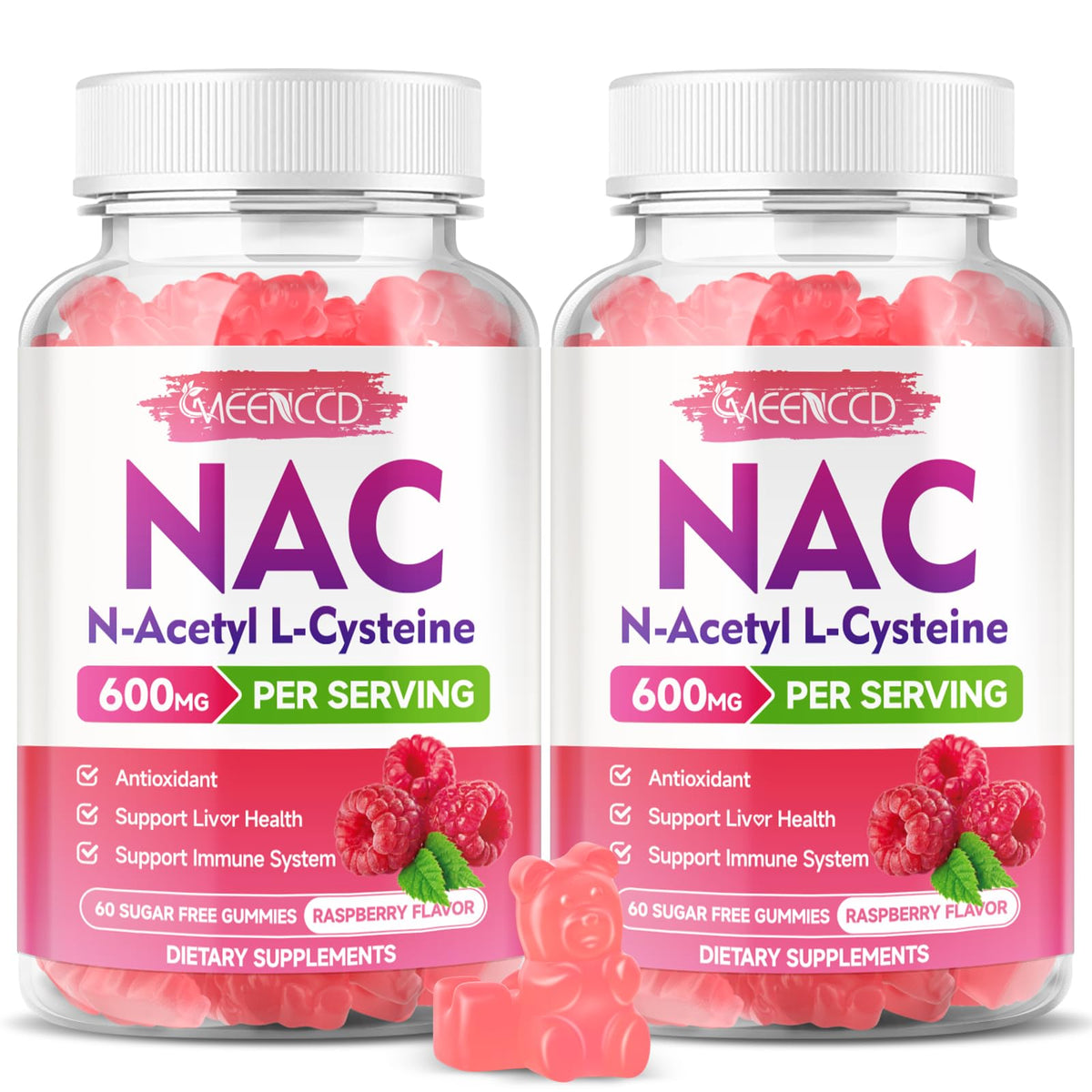 MEENCCD envase frontal de gominolas NAC 600 mg mostrando diseño y cantidad