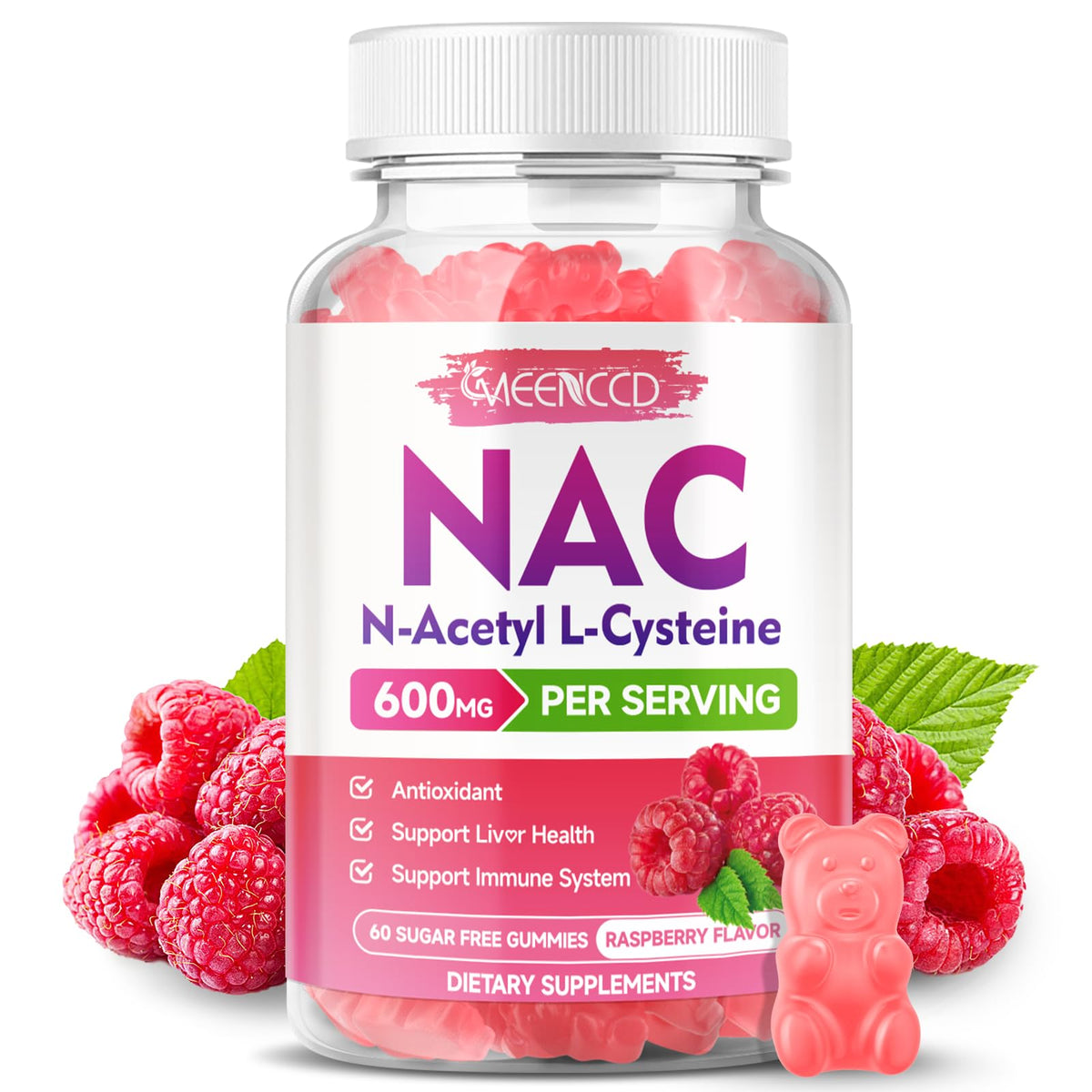 MEENCCD envase frontal de gomitas NAC muestra presentación y ventaja conveniencia