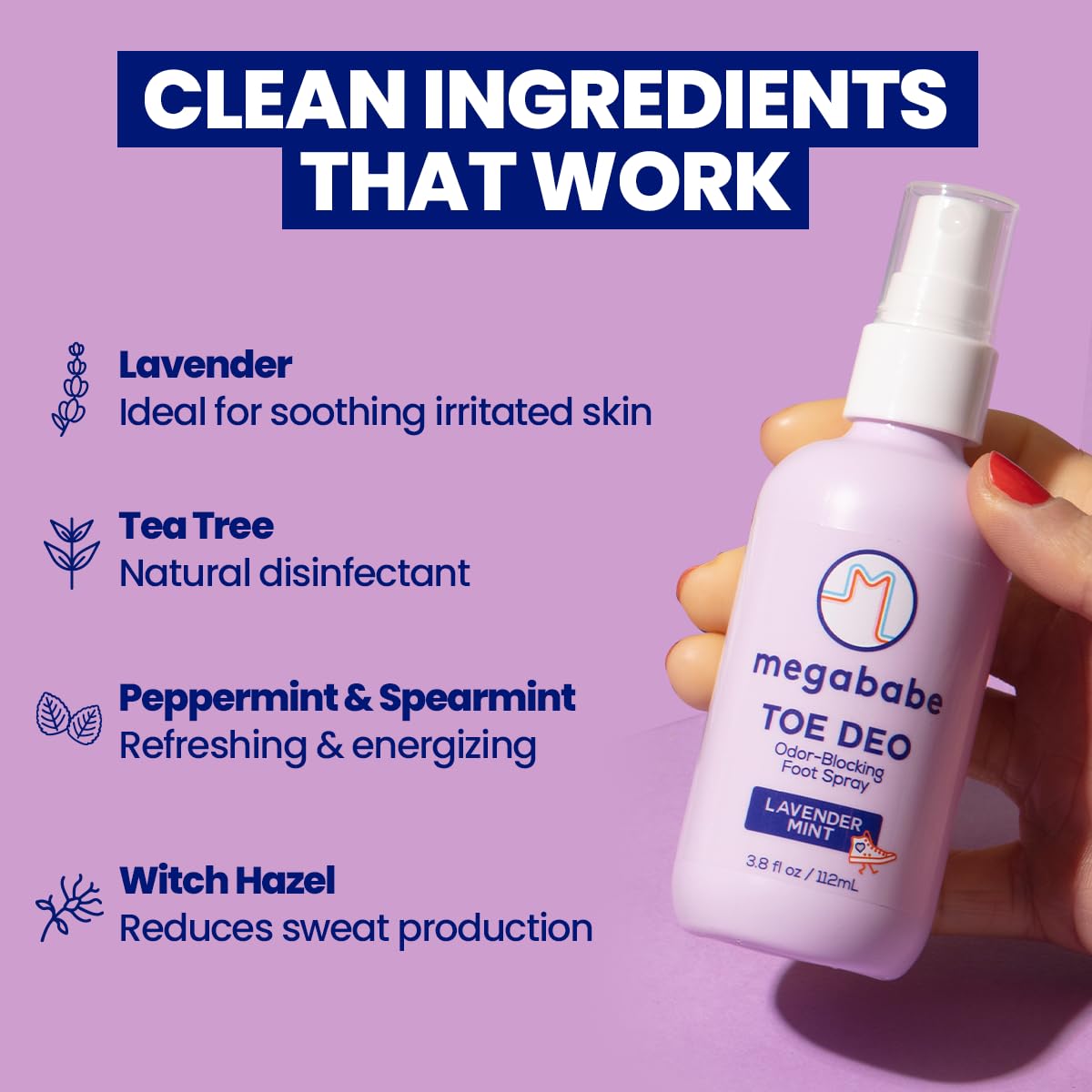 Megababe Toe Deo aplicado en pies limpios antes de calzarse, elimina olores