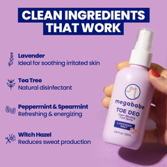 Megababe Toe Deo aplicado en pies limpios antes de calzarse, elimina olores