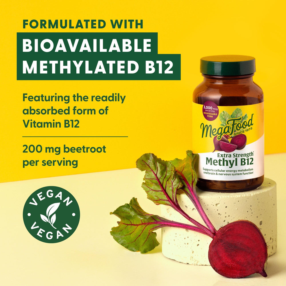 Absorción biodisponible de B12 en MegaFood para uso eficiente.
