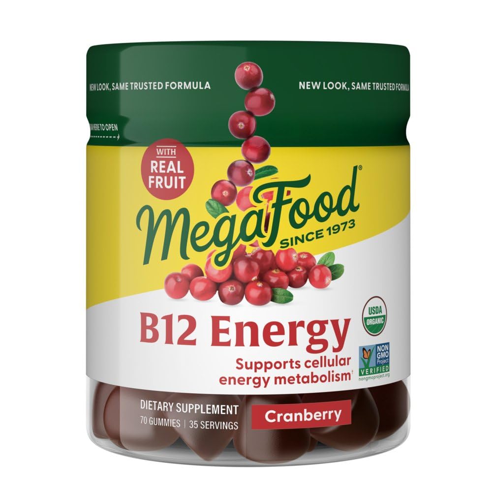 MegaFood frasco frontal de gomitas B12 con arándano, presentación clara y práctica