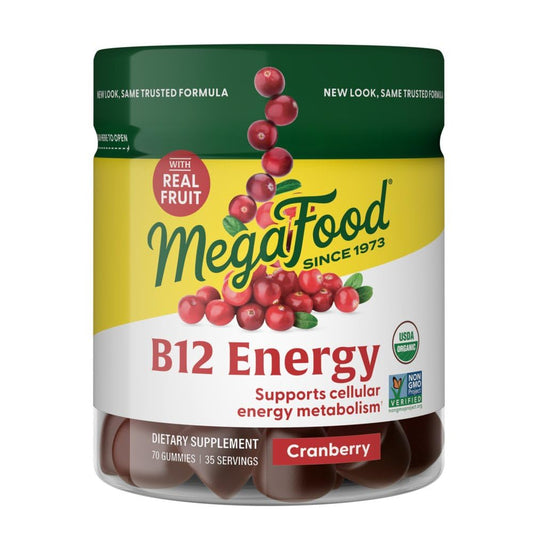 MegaFood frasco frontal de gomitas B12 con arándano, presentación clara y práctica