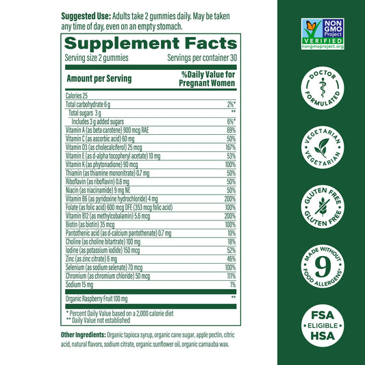 MegaFood Baby & Me 2 frasco detrás: etiqueta completa con ingredientes y pureza