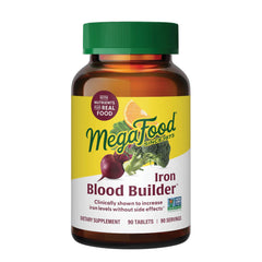 MegaFood Blood Builder frente del envase mostrando 90 tabletas y beneficios veganos