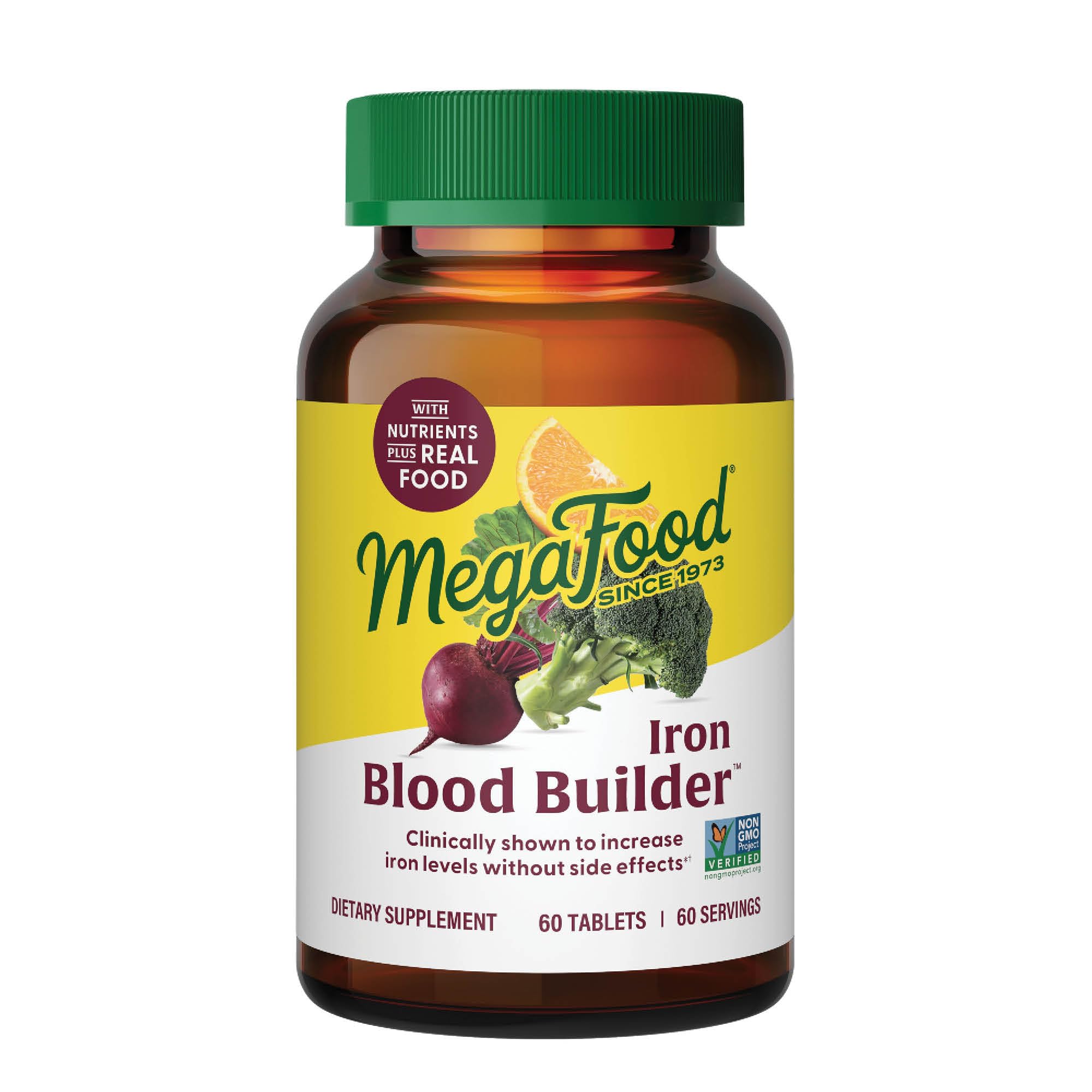 MegaFood frasco frontal mostrando tabletas y beneficios